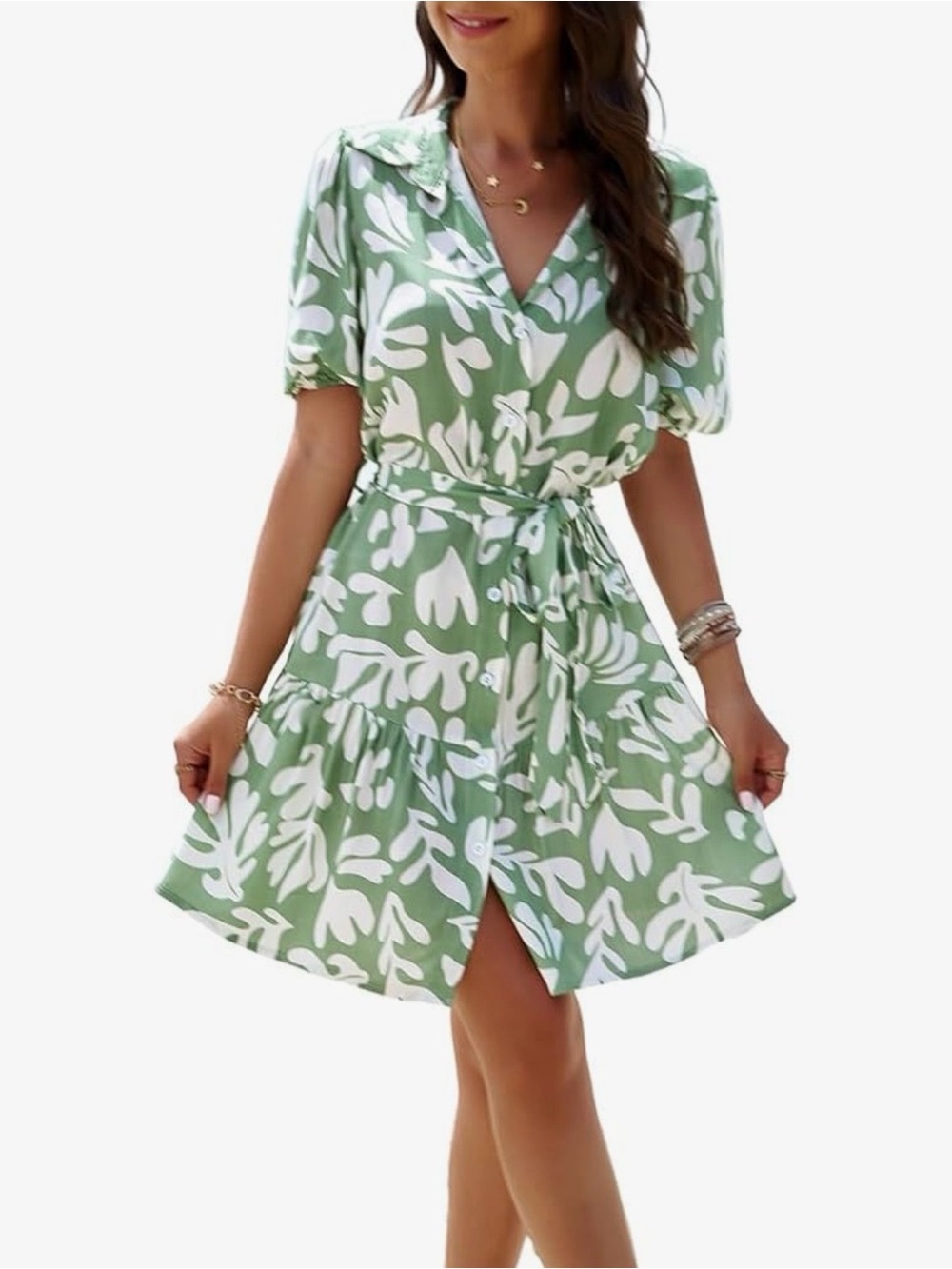 UEAL Green & White Abstract Floral Belted Tiered Midi Dress Size Medium